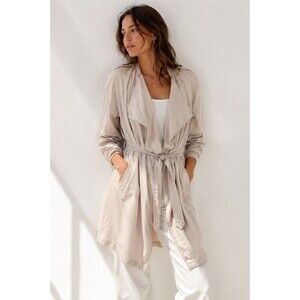 H&M Beige Lyocell Drape Front Trench Coat Jacket Tie Waist Womens US 14